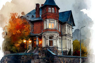 create house and building photo into watercolor art