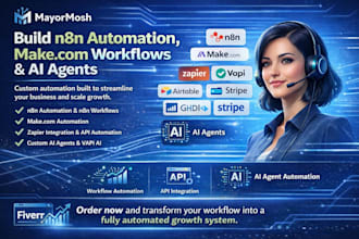 build n8n automation, make com, zapier workflow and ai agent integration