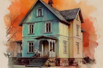 create house and building photo into watercolor art