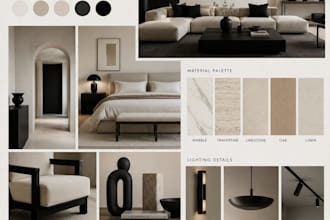 create modern interior mood boards, color palettes and shopping lists