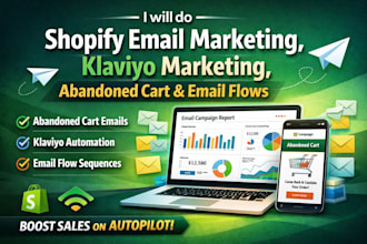 setup shopify email marketing, klaviyo marketing, abandoned cart and email flows