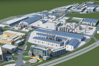 rearrange 3d industrial site layout, factory building, power plant, oil refinery