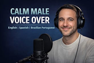 record a calm and professional voice over in english, spanish or portuguese