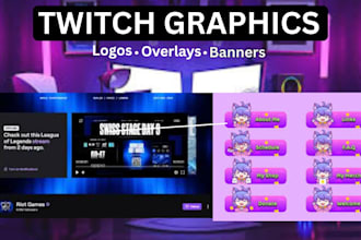 design twitch logo, banner, overlay and animated graphics