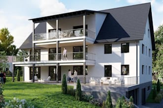 create architectural modern villa house,facade render, landscape backyard design