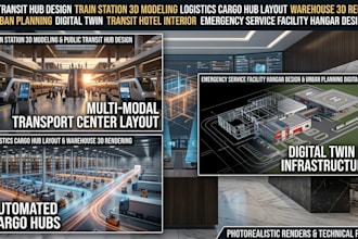 public transit hub design train station 3d modeling logistics cargo hub layout