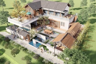 restructure exist building,back yard design, front yard landscape rendering,pool