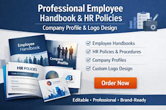 design professional employee handbook, HR policies, company profile and logo
