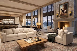 remodel3d chalet interior,open plan layout,airbnb apartment,indoor lounge render