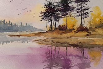 handrawn watercolor landscape on paper