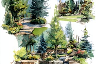 draw architecture and landscape architectural watercolor drawing