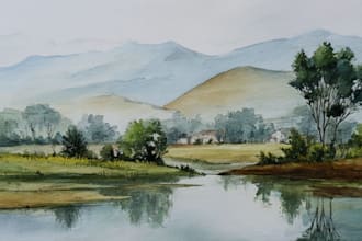 draw a realistic watercolor illustration of a landscape