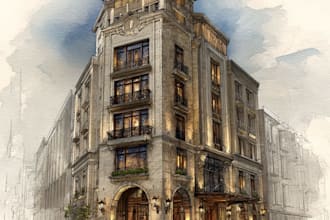 sketch architecture building with watercolor rendering