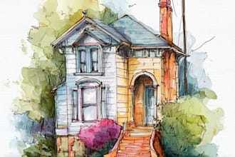 create a watercolor house portrait or city space illustration