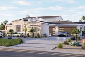 design realistic villa exterior, terrace layout,cgi standard garage, pool render