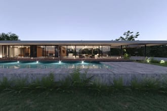 reimagine 3d planar house exterior, single level villa, section plan,pool render