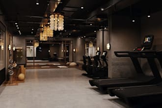 reformer commercial gym area, interior layout design, fitness facility rendering