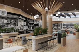 remodel 3d food court interior, shopping mall, commercial architectural render