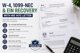 prepare w4, 1099 nec and help recover your ein with irs 147c
