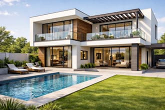showcase 3d duplex villa,d5 landscape garden,glass facade render, cgi patio pool