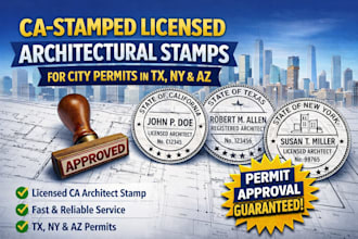 provide ca stamped licensed architectural stamps for city permits in tx, ny, az