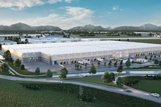 provide 3d industrial retail,cgi warehouse exterior,commercial site plan render