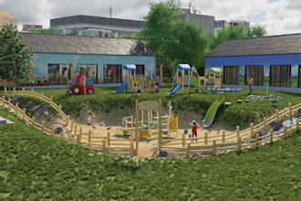 3d mini playground design,urban landscape,village play arena,kindergarten render
