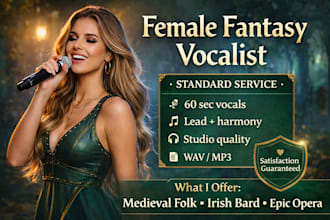 do female vocalist for epic opera music, irish fantasy bard, medieval folk song