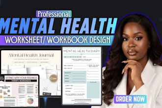 create mental health worksheet, therapy workbook self care journal, adhd planner