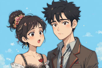 draw a cute cartoon couple for social media