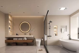 design realistic 3d spa style bathroom toilet and shower residential interior