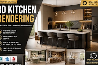 create photorealistic 3d kitchen render for interior design or real estate
