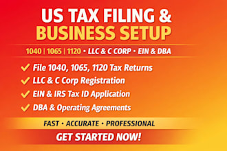 file US taxes 1040, 1065, 1120 for llc  c corp  ein dba