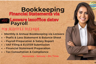 do bookkeeping, payroll, pnl, and financial statements via lexware and datev