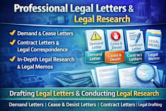 draft demand letter, cease and desist, legal research and memo case law research