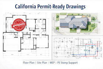 review and draw, california floor plan, site plan, mep, pe stamp, site permit