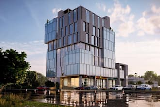 cgi high rise retail office,multi purpose house,3d glass facade,landscape render
