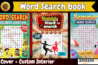 design custom word search book interiors with covers for amazon KDP