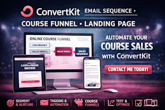 setup converkit email sequence, course funnel, contact, convertkit landing page