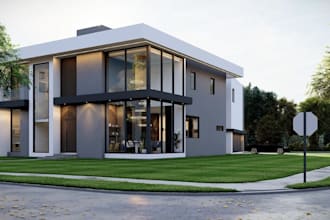 transform 3d duplex villa,glazing facade,family house exterior, landscape render