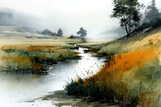 drawn watercolor landscape on paper