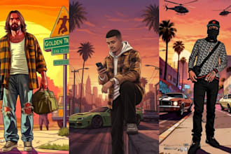 draw couple family cartoon self portrait album cover in gta style vector art
