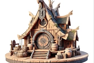 sculpt fantasy house terrain, viking wooden castle, printable scenery, for game