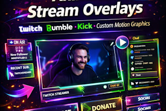 design animated twitch stream overlay, rumble overlay, kick overlay twitch logo