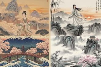 create traditional chinese ink wash and japanese ukiyo e digital art images