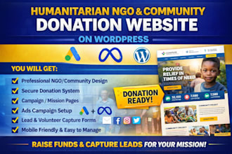 build donation ready wordpress website for humanitarian, ngos community leads