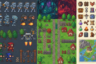 draw retro 2d pixel art pixel character spritesheet animation pixel map tileset