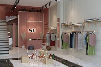 visualize3d luxury boutique store, accessory shop, interior layout, lobby render