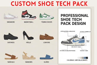 design shoe tech pack, sneakers design, loafers, leather shoe for production