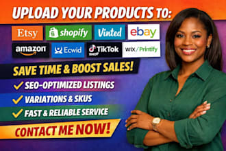 upload product to etsy shopify vinted ebay amazon ecwid tiktokshop wix printify